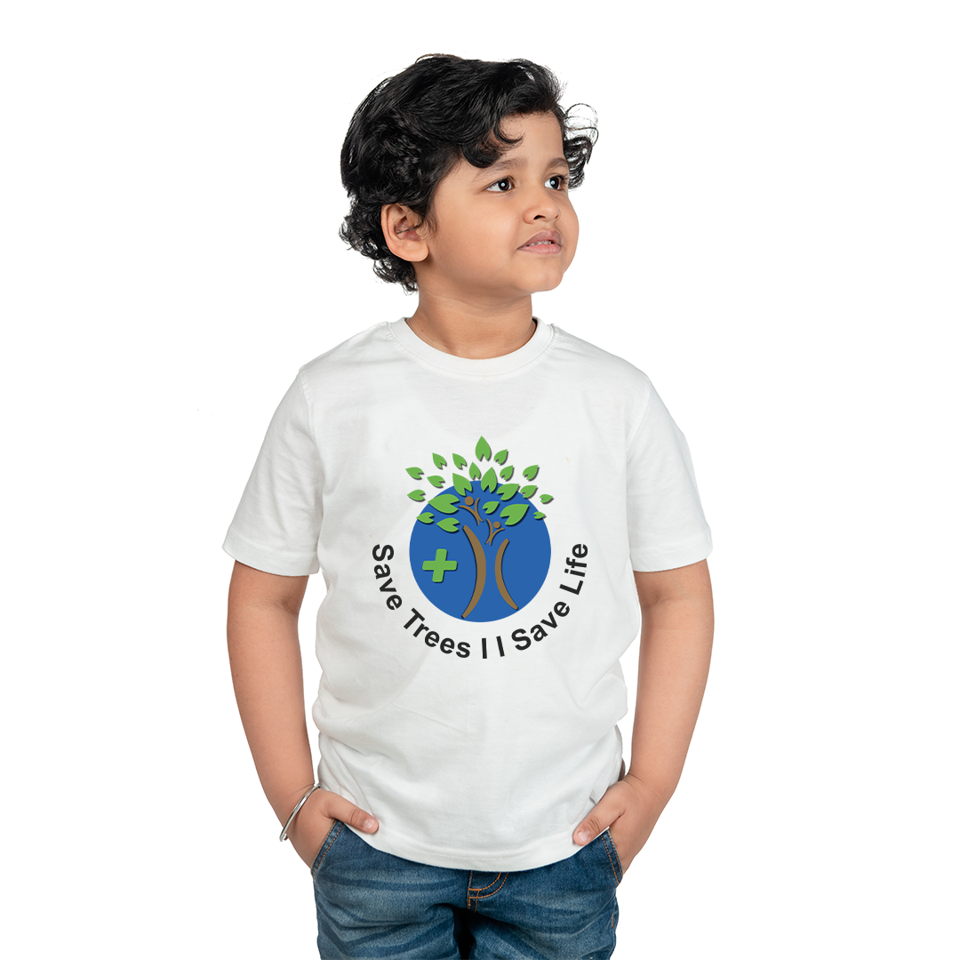 Kids Eco-Friendly Save Trees Printed T-Shirt – Organic Cotton White Tee for Boys & Girls | Environmental Awareness Graphic Tee