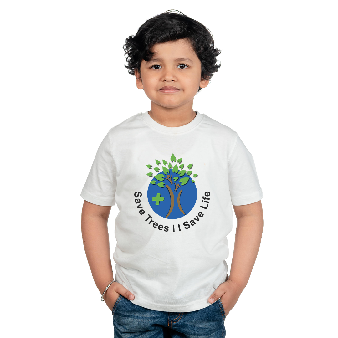 Kids Eco-Friendly Save Trees Printed T-Shirt – Organic Cotton White Tee for Boys & Girls | Environmental Awareness Graphic Tee