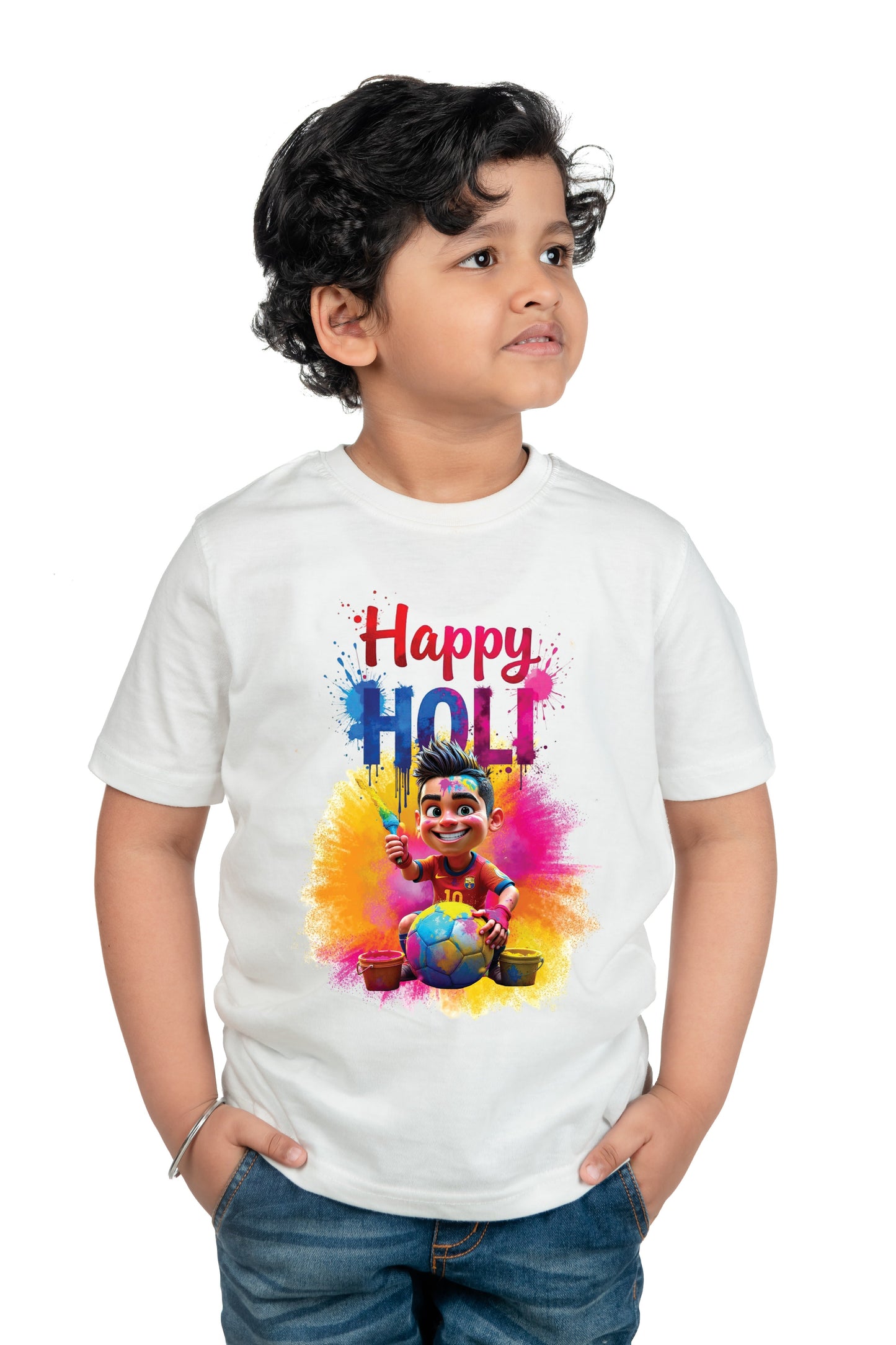 Chombooka Boys & Girls' Colorful Polyester Holi Printed T-Shirt | Festive Fun for Kids | Happy Holi Football theme Printed Tee