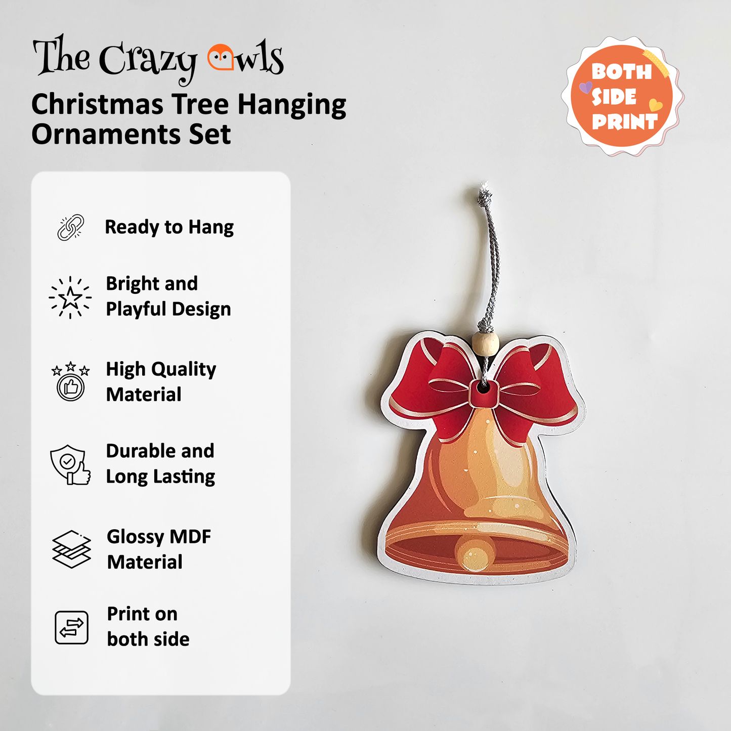 Christmas Ornaments MDF Gold Bell | Hanging Decorations with Red Bow | Holiday Party Décor, Festive Home Decorations, Stocking Stuffer Craft Supplies | Set of 6