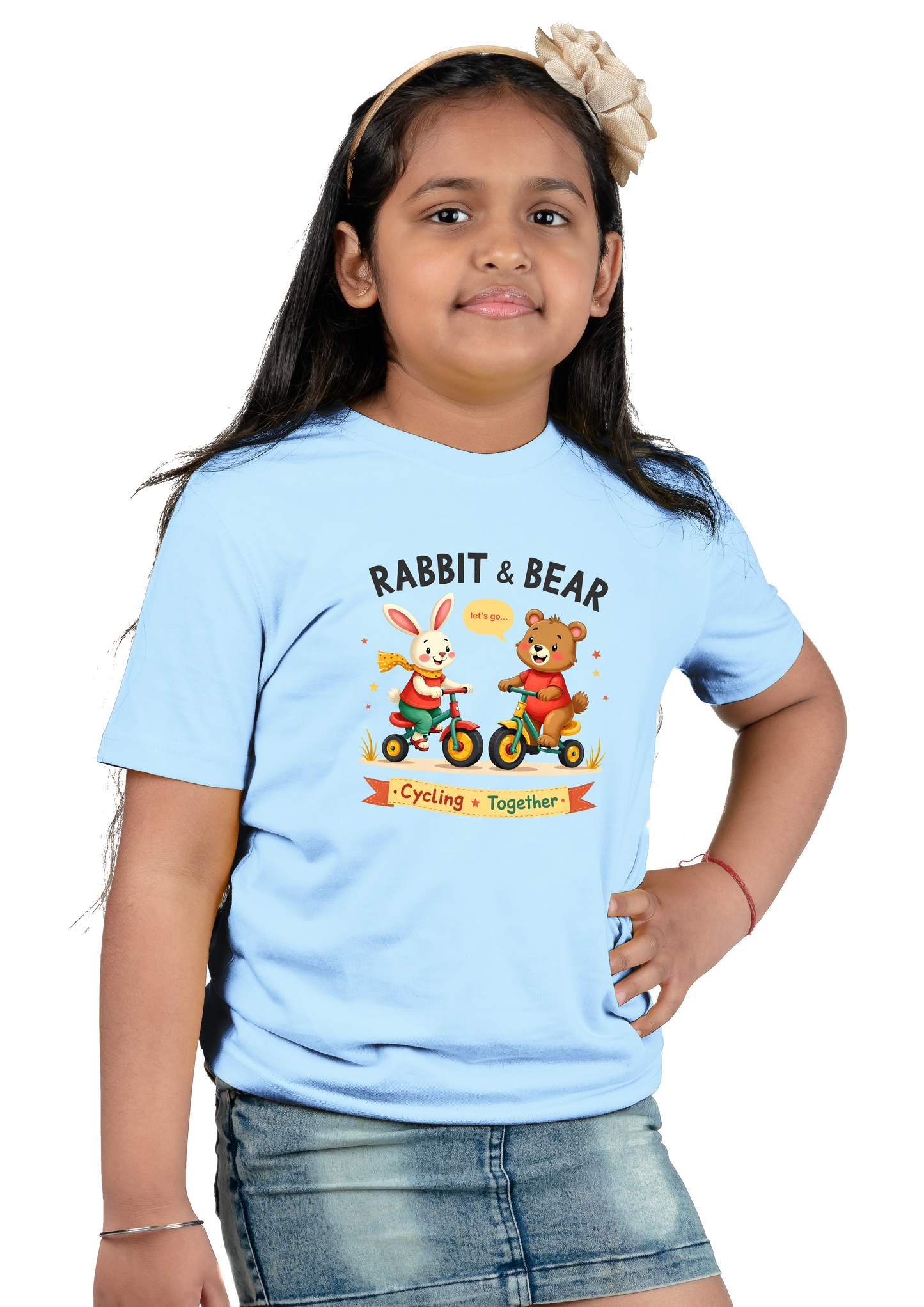 KidsTShirt RabbitAndBear CuteAnimalTShirt, CyclingTShirt, KidsFashion, AnimalLover, CartoonTShirt, CasualWear, SoftCottonTShirt,ToddlerClothing, PlayfulDesign, TrendyKidsWear, ComfortableTShirt, GiftForKids, Sky Blue