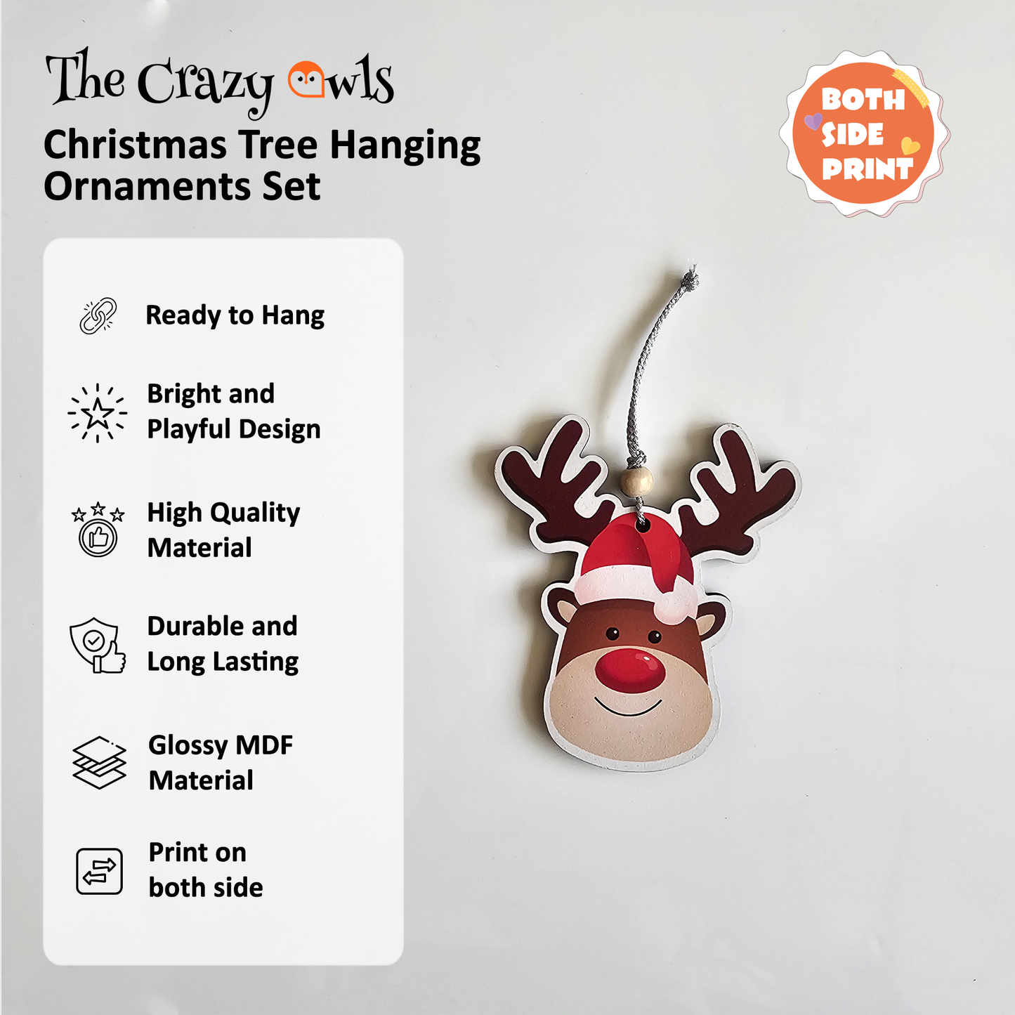 Christmas MDF Hanging Ornaments Cute Red-Nose Reindeer Decor for Christmas Tree Home Decoration, DIY Crafts & Gift Wrapping | 4x3 Inch Set of 6
