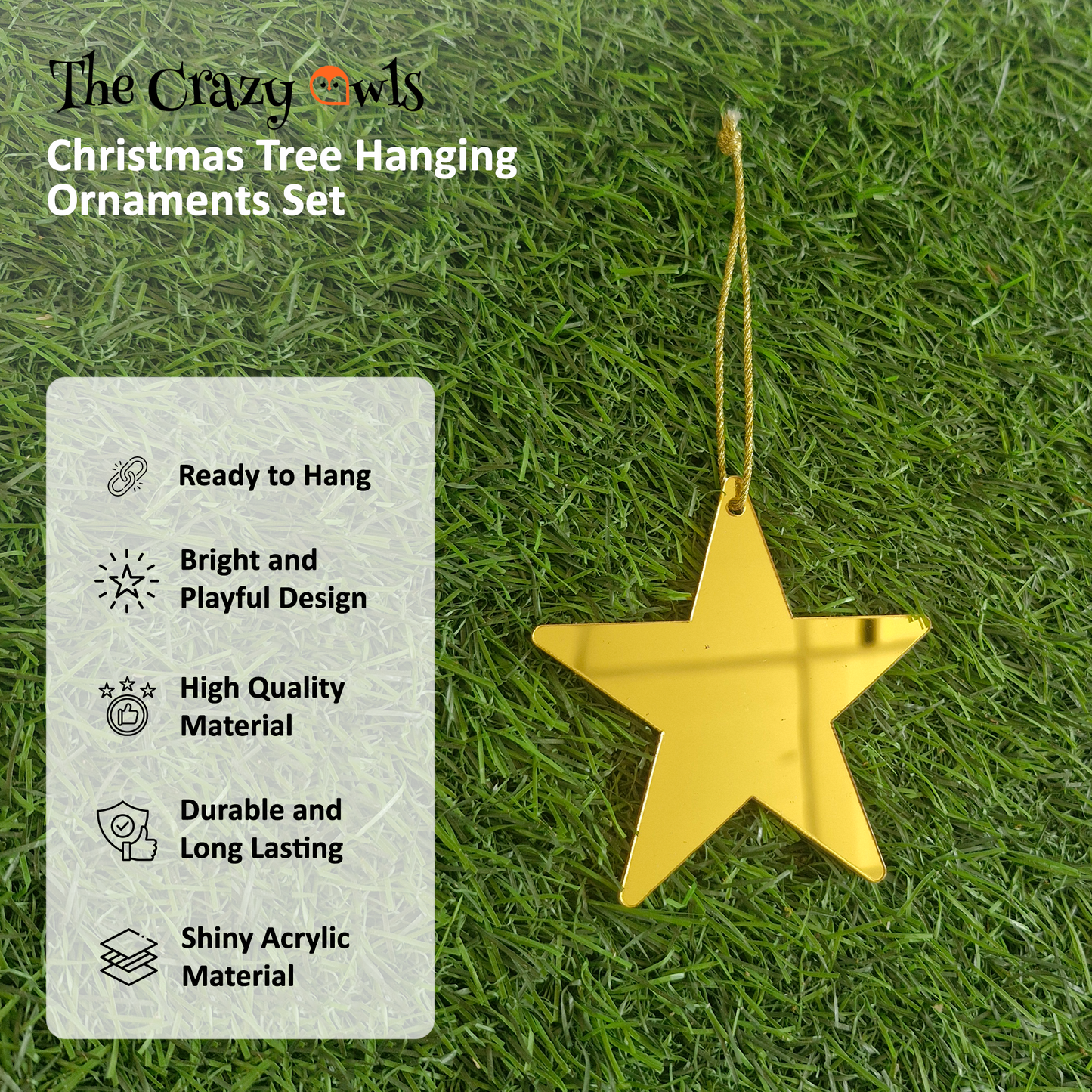 Gold Star Hanging Acrylic Ornaments Glossy Star Decorations for Christmas Tree, Home & Party Decor Crafting | 3 Inch Set of 6
