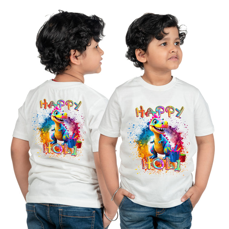 holi tshirt, Dinasaur design tshirt, kids holi tshirt, holi design boys cartoon holi tshirt polyester,