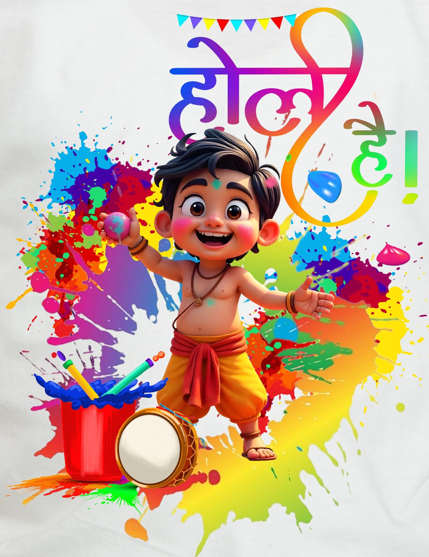 Chombooka Boys & Girls' Colorful Polyester Holi Printed T-Shirt | Festive Fun for Kids | Happy Holi Cartoon theme Printed Tee