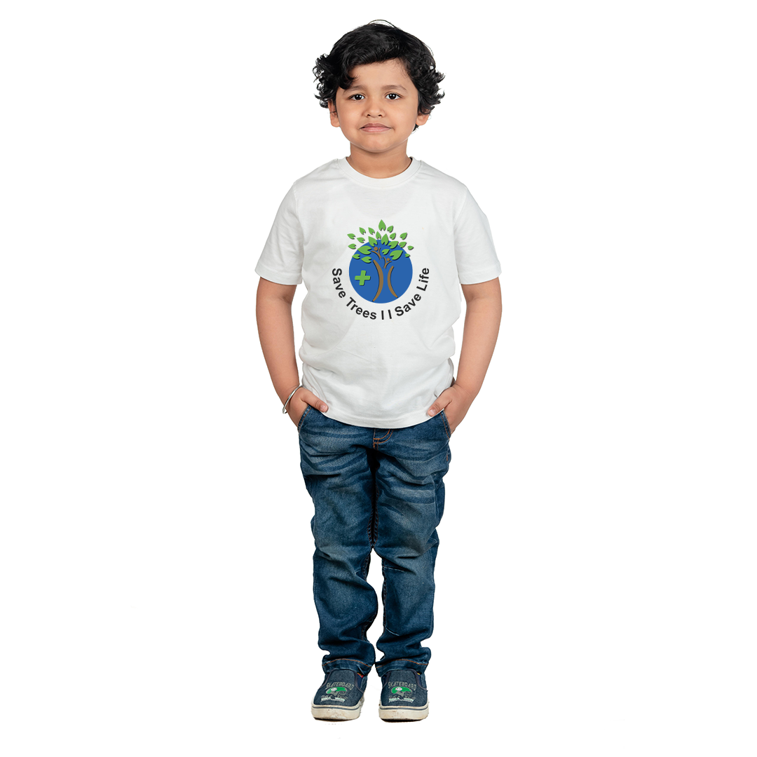 Kids Eco-Friendly Save Trees Printed T-Shirt – Organic Cotton White Tee for Boys & Girls | Environmental Awareness Graphic Tee