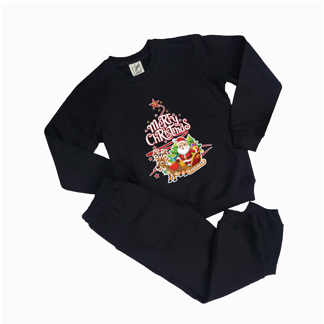 Kids Merry Christmas Sweatshirt Santa Tree & Deer Sleigh | Cozy Winter Holiday Jumper | Christmas Gift Outfit for Boys & Girls