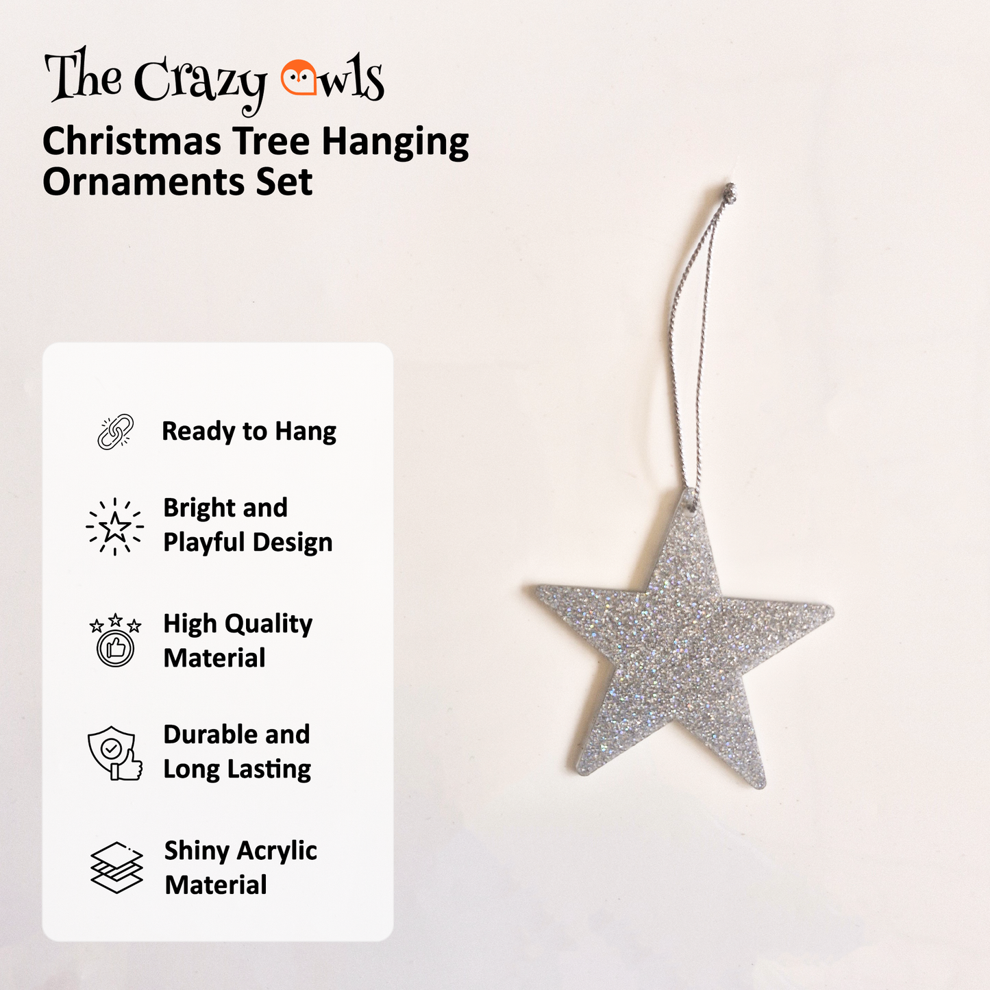 Silver Glitter Acrylic Star Hanging Ornaments Glossy Sparkling Christmas Tree Decorations for Decor, Party Styling, DIY Crafting & New Year Decorations | 3 Inch Set of 3