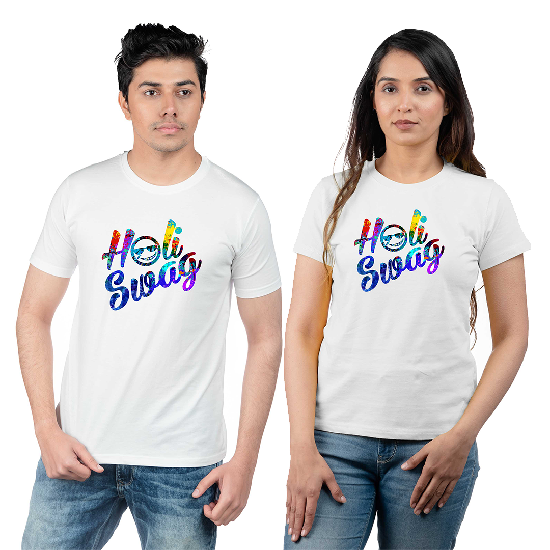 Chombooka Colorful Couple Polyester Holi Printed T-Shirts: Celebrate Together in Style | Holi Swag (Pack Of 2)