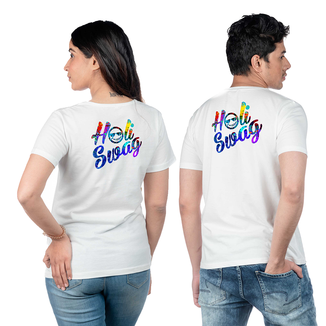 Chombooka Colorful Couple Polyester Holi Printed T-Shirts: Celebrate Together in Style | Holi Swag (Pack Of 2)