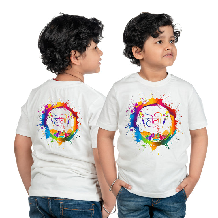 holi tshirt, Holi Hai Hindi design tshirt, kids holi tshirt, holi design boys cartoon holi tshirt polyester,
