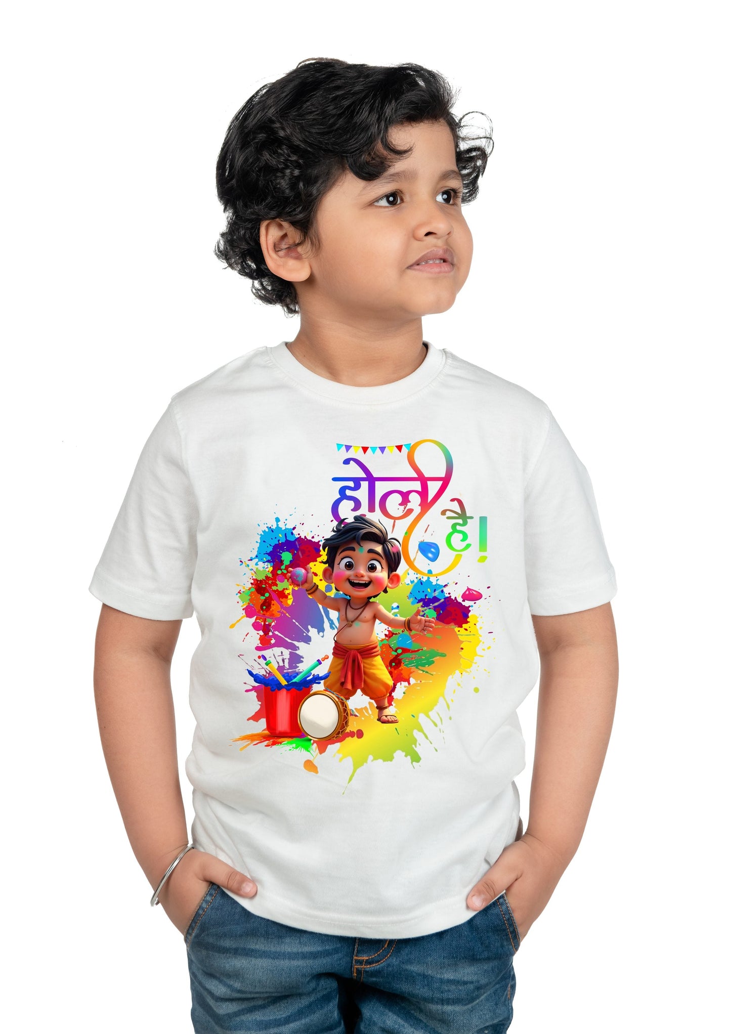 Chombooka Boys & Girls' Colorful Polyester Holi Printed T-Shirt | Festive Fun for Kids | Happy Holi Cartoon theme Printed Tee