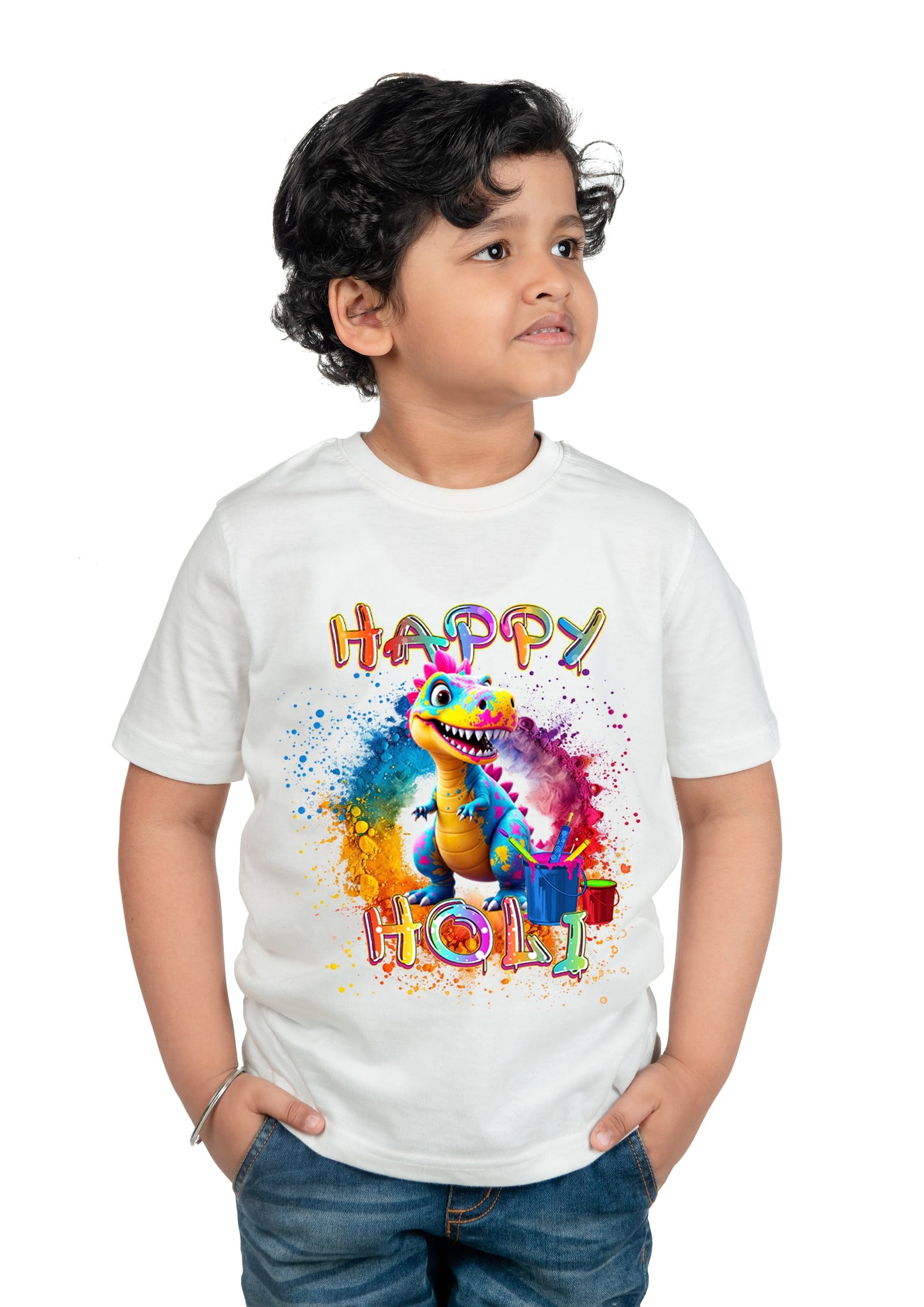 Chombooka Boys & Girls' Colorful Polyester Holi Printed T-Shirt | Festive Fun for Kids | Happy Holi Dinasaur theme Printed Tee