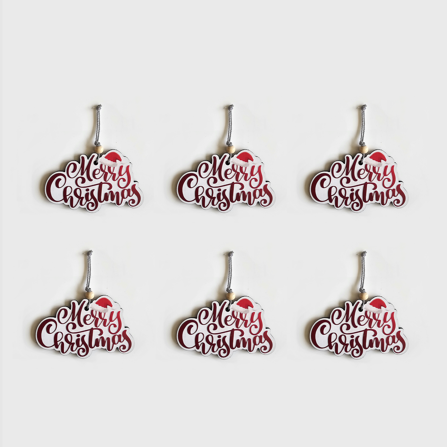 Merry Christmas Hanging MDF Ornaments Festive Tree Decorations with Santa Hat Design | Christmas Decor for Home, Parties, Gifts & DIY Crafts | 4x3 Inch Set of 6