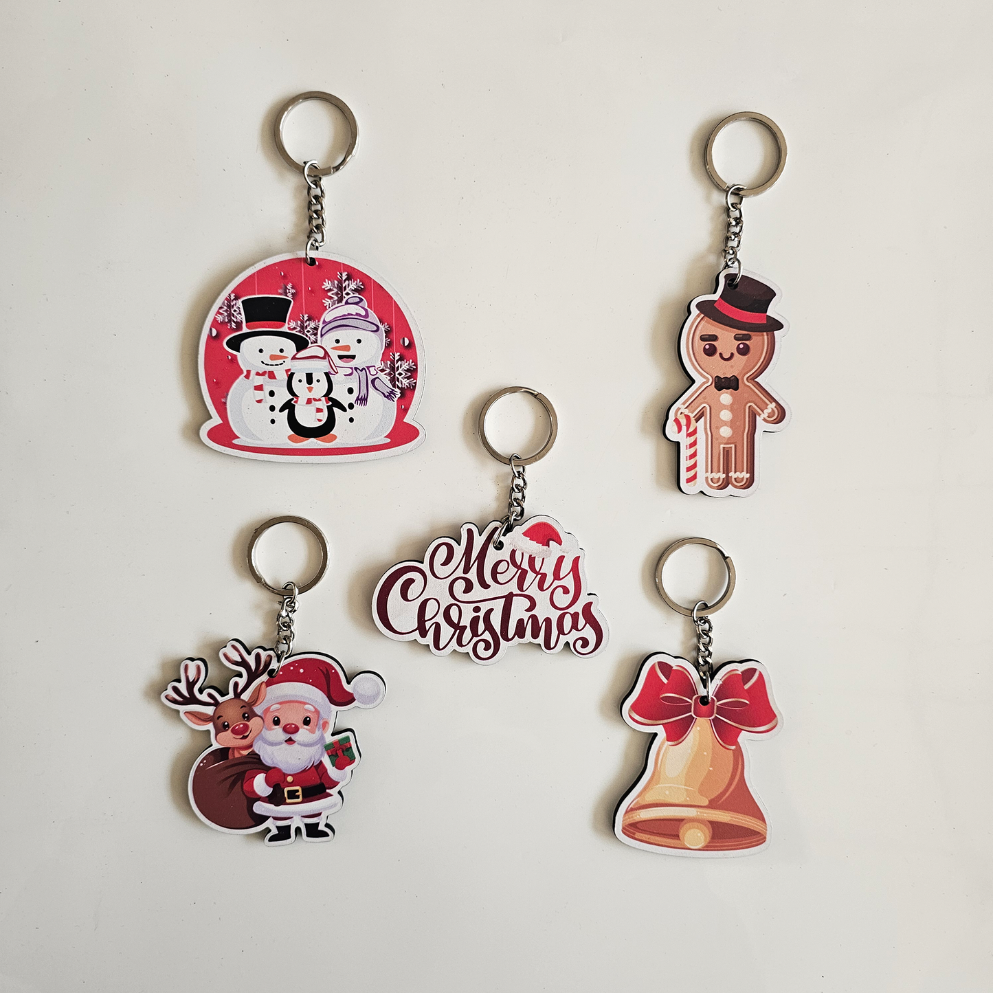 Christmas MDF Keychain | Santa Claus, Snowman, Gingerbread Man, Merry Christmas & Bell Key Rings | Set of 5