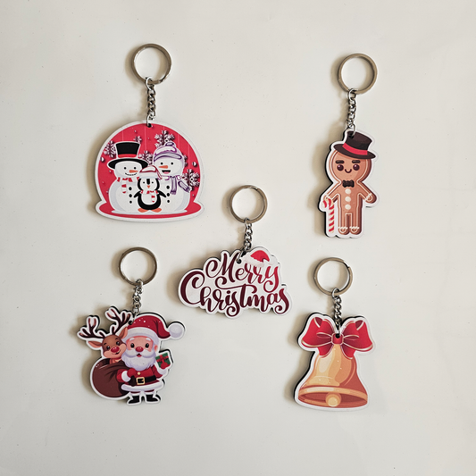 Christmas MDF Keychain | Santa Claus, Snowman, Gingerbread Man, Merry Christmas & Bell Key Rings | Set of 5