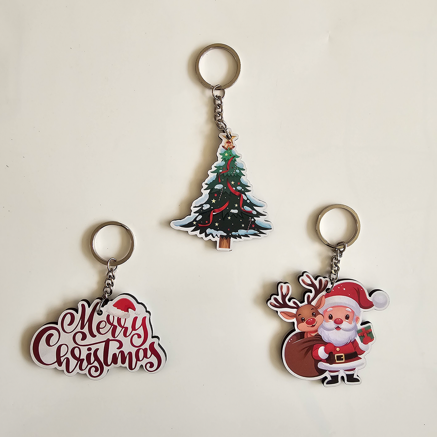 Cute Santa Claus, Reindeer, Christmas Tree & Merry Christmas MDF Keychain | Gift Accessories for Kids & Adults | Set of 3