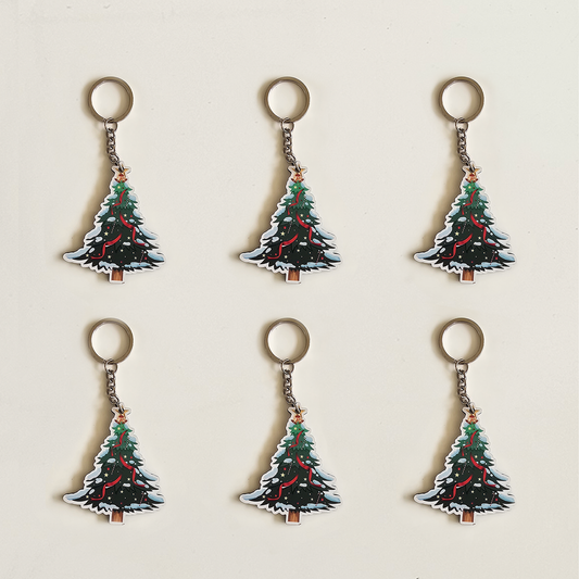 Christmas Tree with Star Topper MDF Keychain | Party Favors, Kids Return Gifts, Stocking Stuffers & Bag Accessories | Set of 6