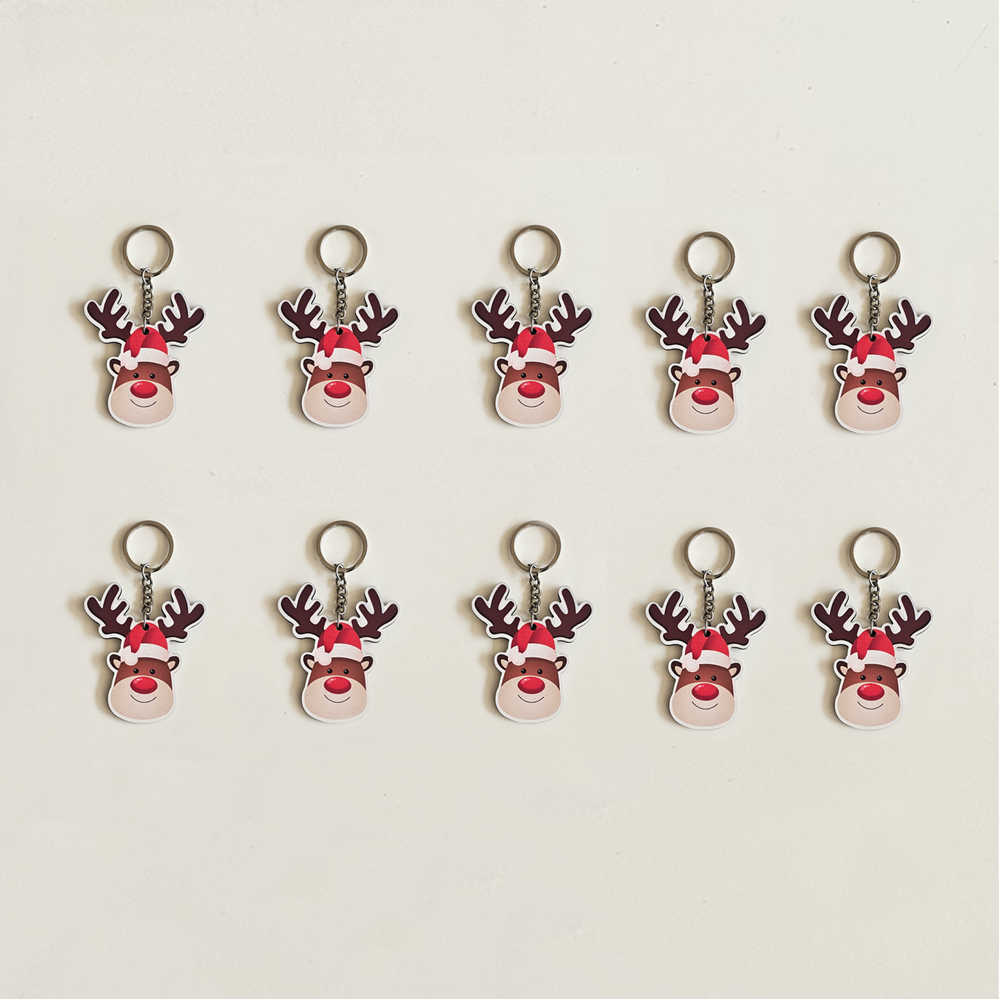 Cute Santa Reindeer MDF Christmas Keychains for Gift, Party Favors, Xmas Decoration, Backpack & Key Ring | Set of 10
