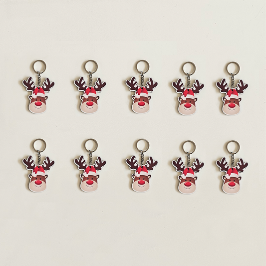 Cute Santa Reindeer MDF Christmas Keychains for Gift, Party Favors, Xmas Decoration, Backpack & Key Ring | Set of 10