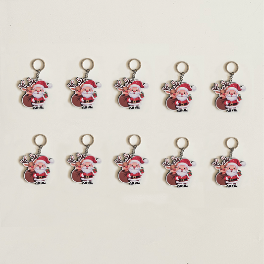Christmas Santa Keychain | Cute Santa & Reindeer MDF Key Rings for Kids | Christmas Return Gifts, Stocking Stuffers, School | Xmas Keychains | Set of 10