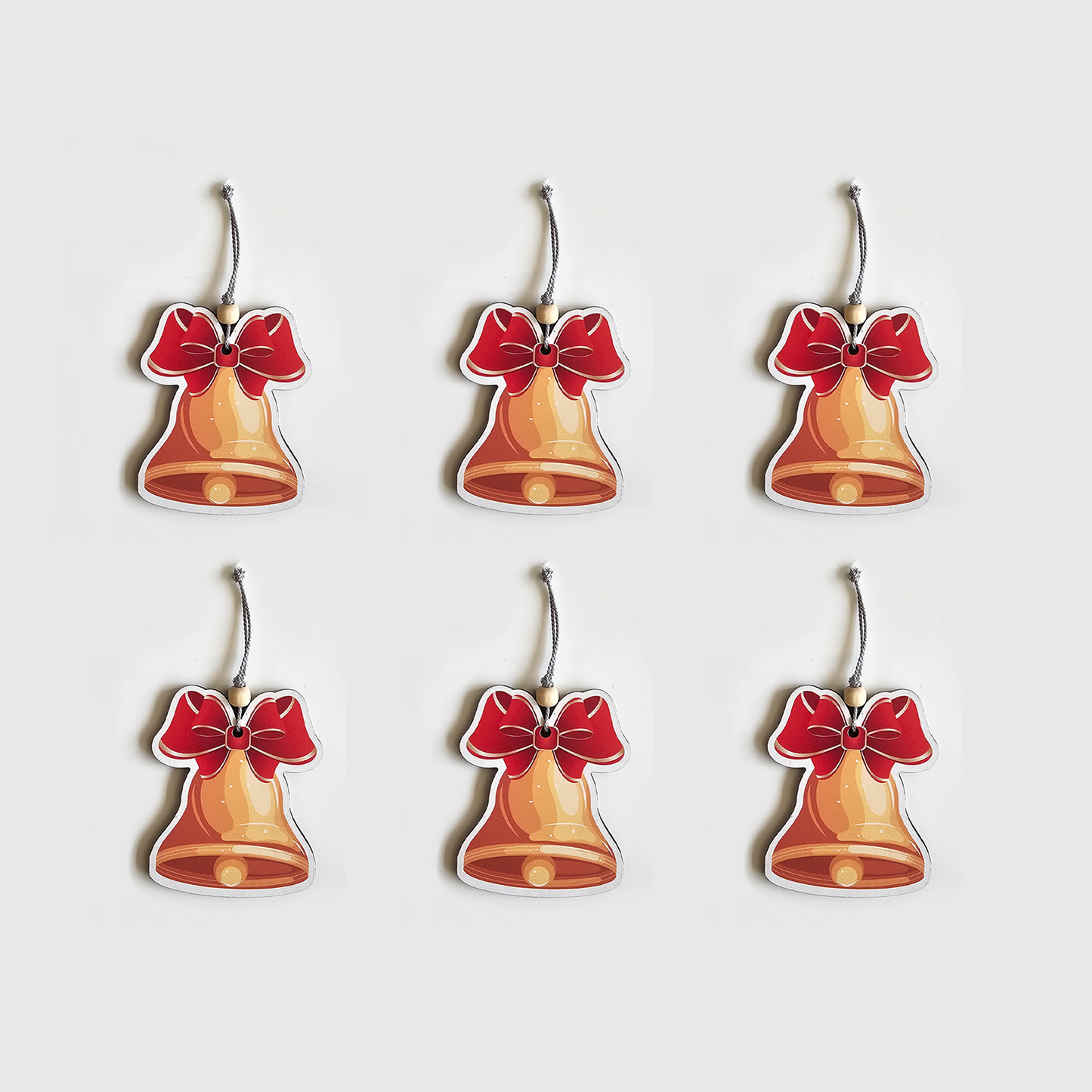 Christmas Ornaments MDF Gold Bell | Hanging Decorations with Red Bow | Holiday Party Décor, Festive Home Decorations, Stocking Stuffer Craft Supplies | Set of 6