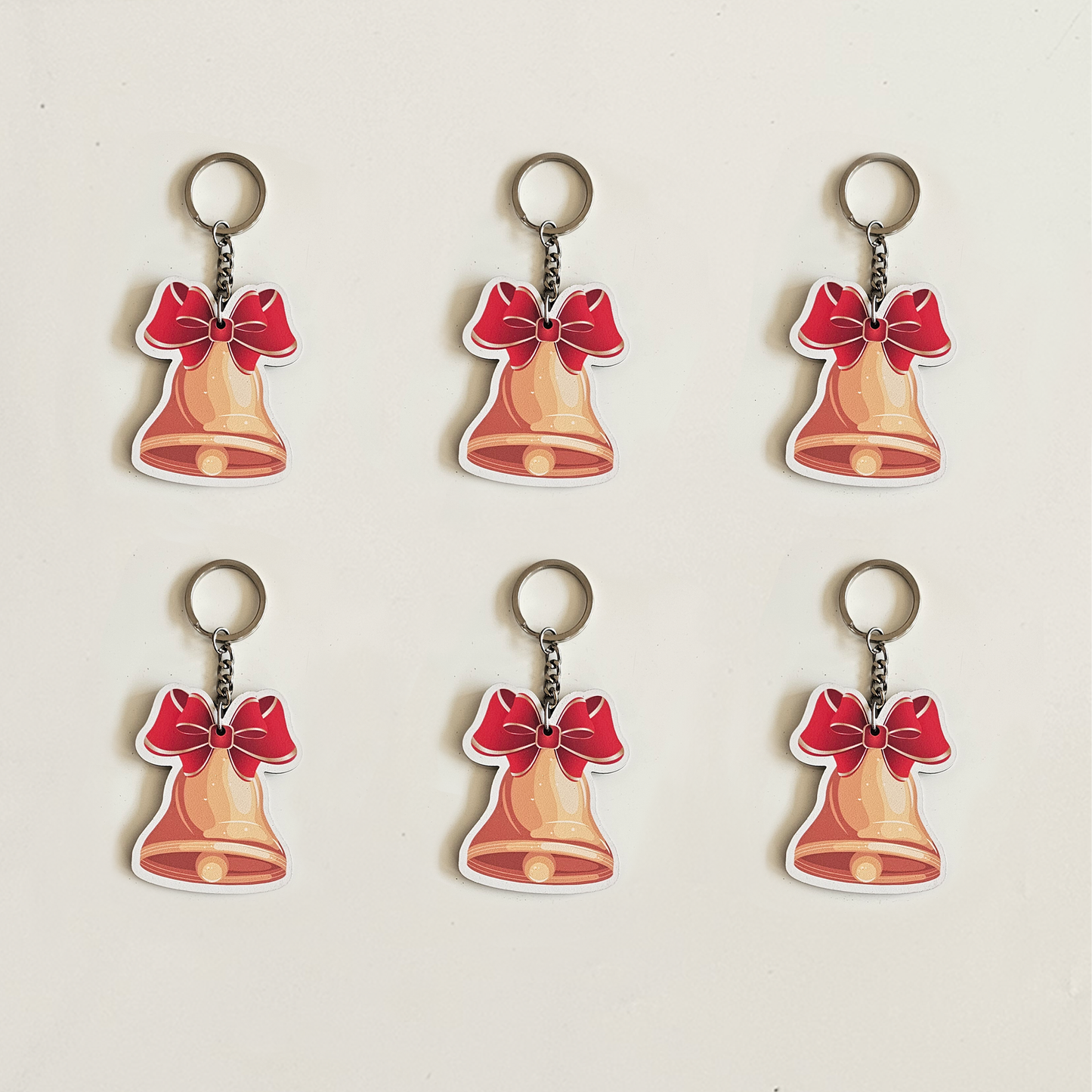 Cute Golden Bell with Red Bow MDF Keychains | Xmas Gifts, Party Favors, Stocking Stuffers, Decoration Accessories for | Set of 6