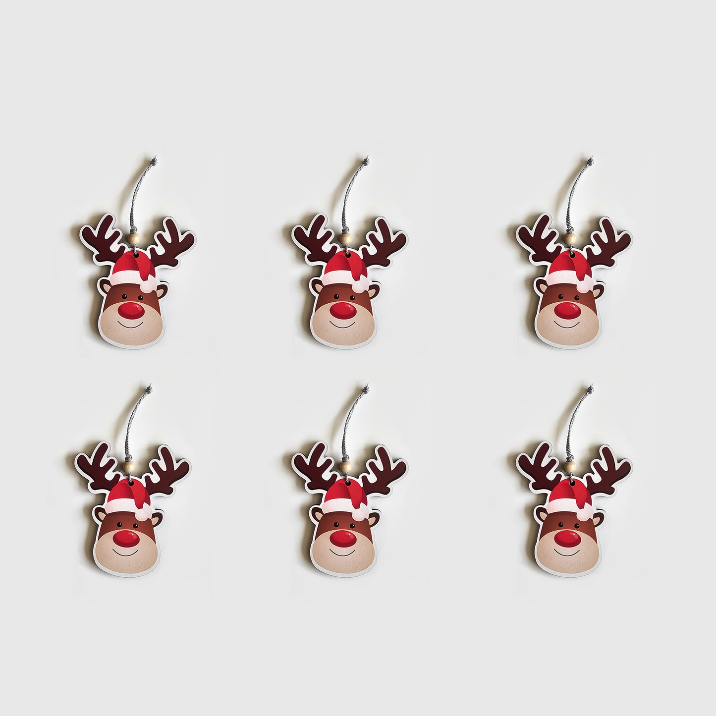 Christmas MDF Hanging Ornaments Cute Red-Nose Reindeer Decor for Christmas Tree Home Decoration, DIY Crafts & Gift Wrapping | 4x3 Inch Set of 6