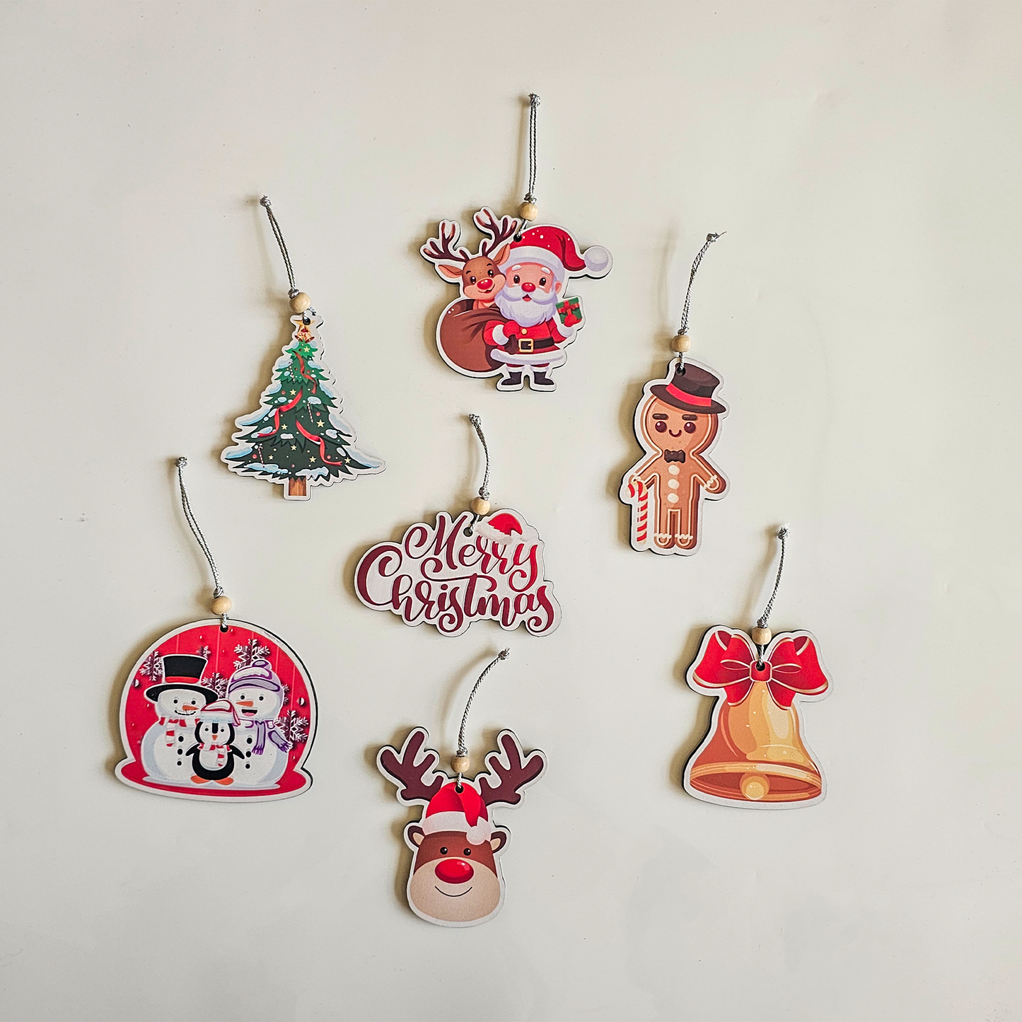 Christmas Hanging MDF Ornaments Cute Cartoon Tree Decorations Santa, Reindeer, Snowman, Gingerbread, Bell, Christmas Tree | Decor for Home, Xmas Tree & Gifting | 3 Inch Set of 7