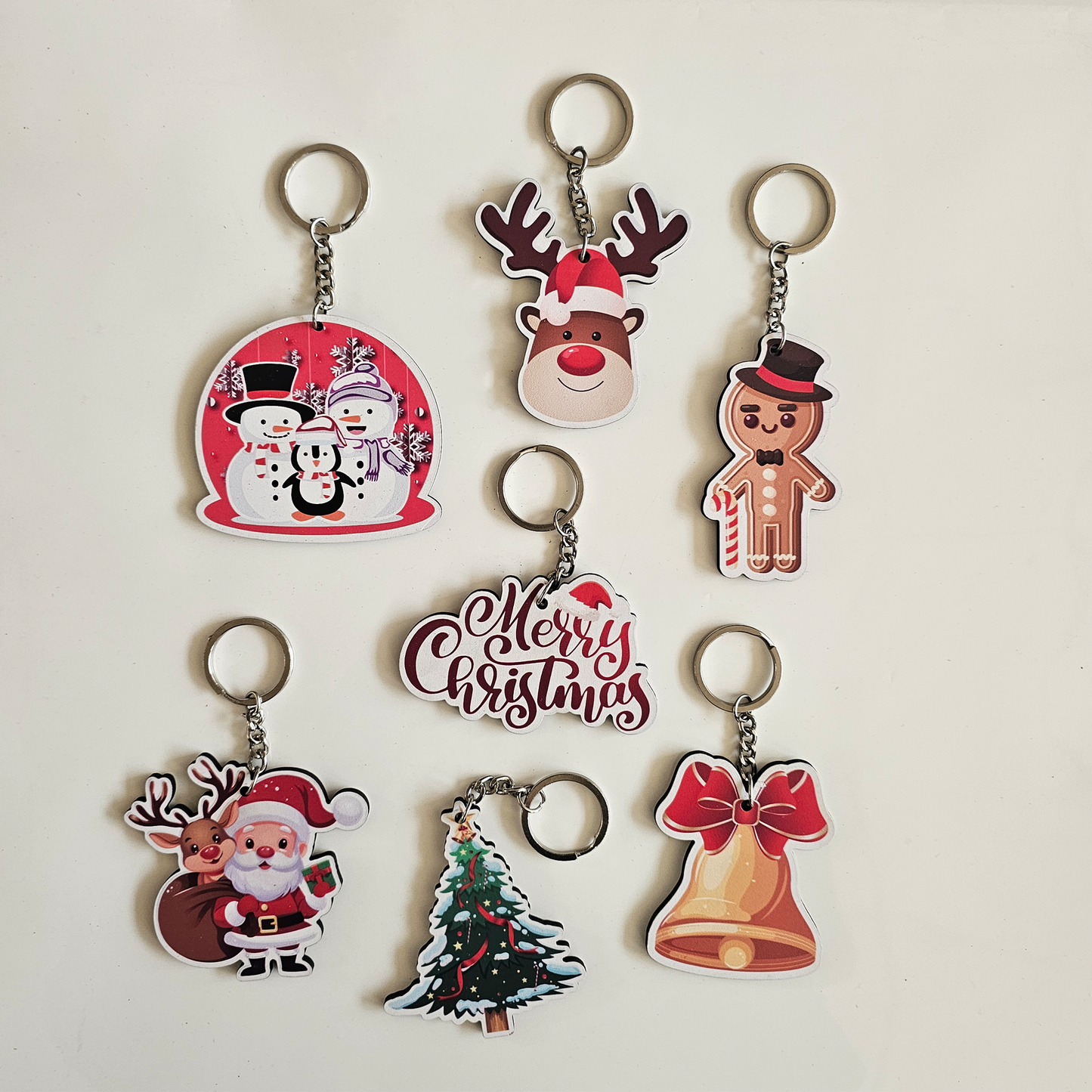 Snowman, Reindeer, Gingerbread Man, Santa Claus, Christmas Tree, Merry Christmas & Bell MDF Keychain | Set of 7