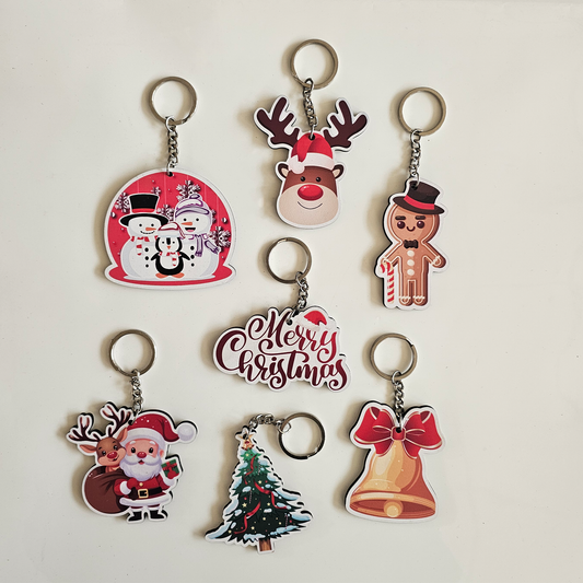 Snowman, Reindeer, Gingerbread Man, Santa Claus, Christmas Tree, Merry Christmas & Bell MDF Keychain | Set of 7