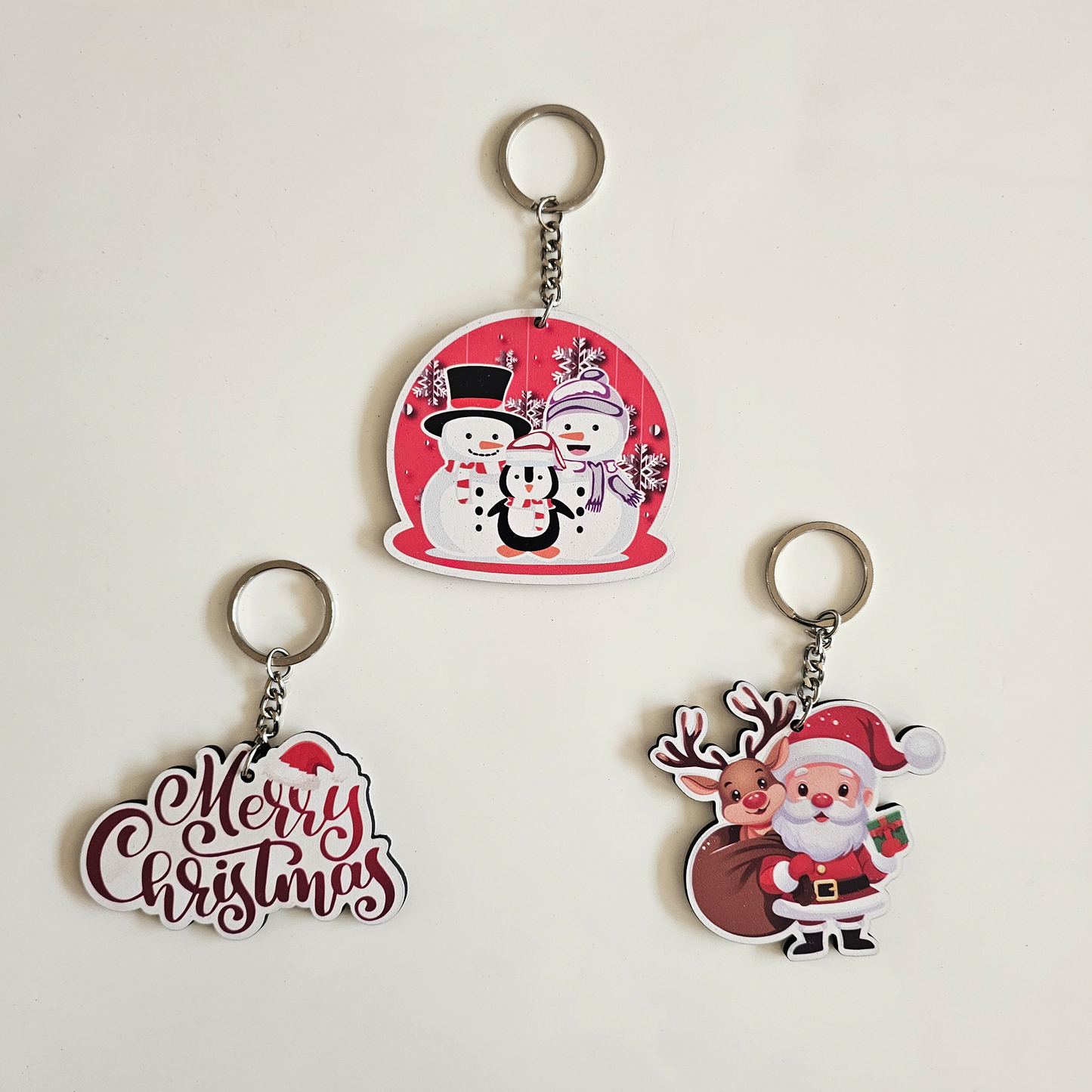 Christmas MDF Keychain Set | Cute Santa Claus, Snowman & Merry Christmas Key Rings | Keychains for Bags & Keys | Set of 3