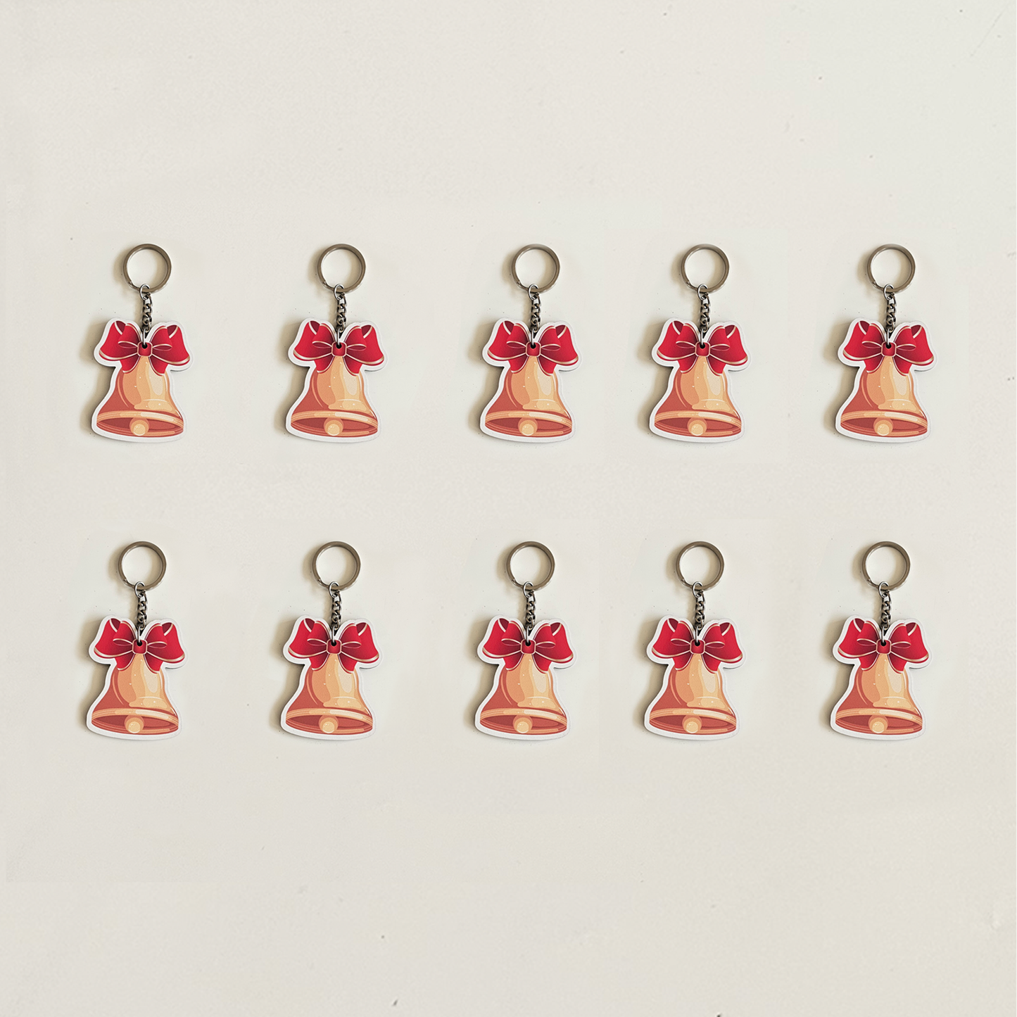Cute Golden Bell with Red Bow MDF Keychains | Xmas Gifts, Party Favors, Stocking Stuffers, Decoration Accessories for | Set of 10
