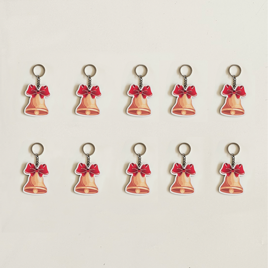 Cute Golden Bell with Red Bow MDF Keychains | Xmas Gifts, Party Favors, Stocking Stuffers, Decoration Accessories for | Set of 10