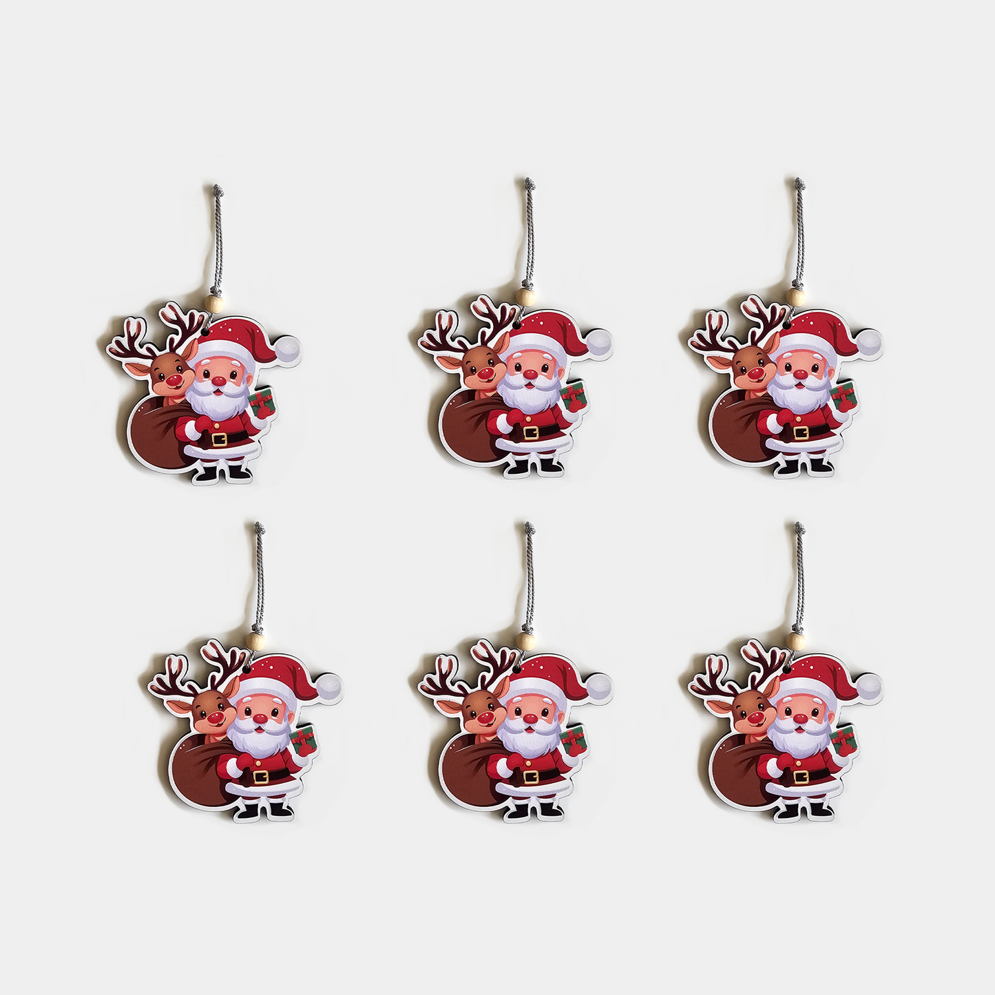 Santa & Reindeer Christmas Hanging MDF Ornaments Cute Holiday Tree Decorations | Santa Claus for Home Decor, Parties, Gifts & DIY Crafts | 3 Inch Set of 6