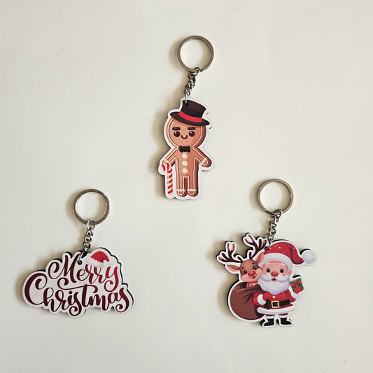Cute Santa Claus, Gingerbread & Merry Christmas MDF Keychain | Gift Accessories for Kids & Adults | Christmas Party Return Gift | Set of 3