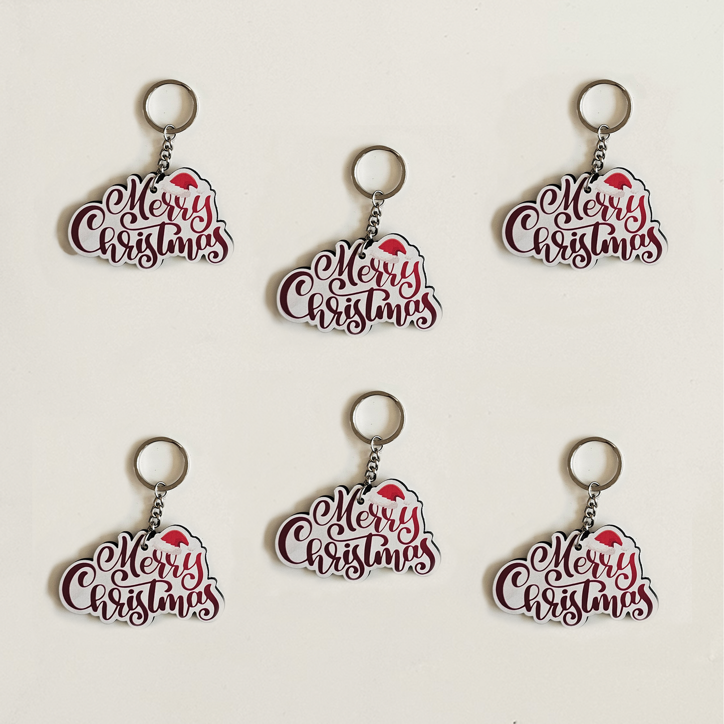 Merry Christmas MDF Keychain | Christmas Key Rings for Kids Return Gifts Stocking Stuffers, Schoo | Festive Santa Hat | Set of 6