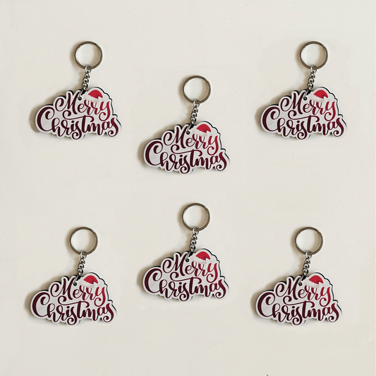 Merry Christmas MDF Keychain | Christmas Key Rings for Kids Return Gifts Stocking Stuffers, Schoo | Festive Santa Hat | Set of 6