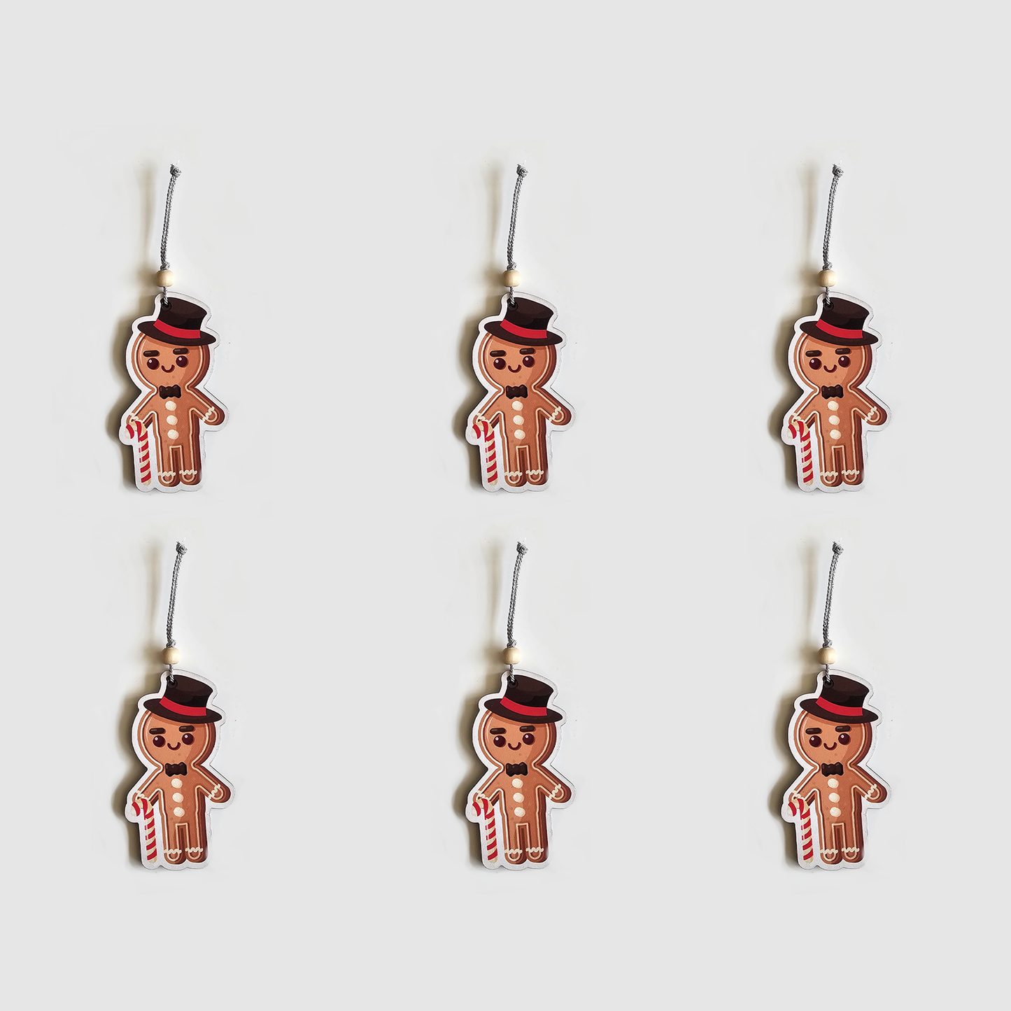 Gingerbread Man Christmas Hanging MDF Ornaments Cute Holiday Tree Decorations with Candy Cane | Christmas Decor for Home, Parties, Gifts & DIY Crafts | 4x3 Inch Set of 6