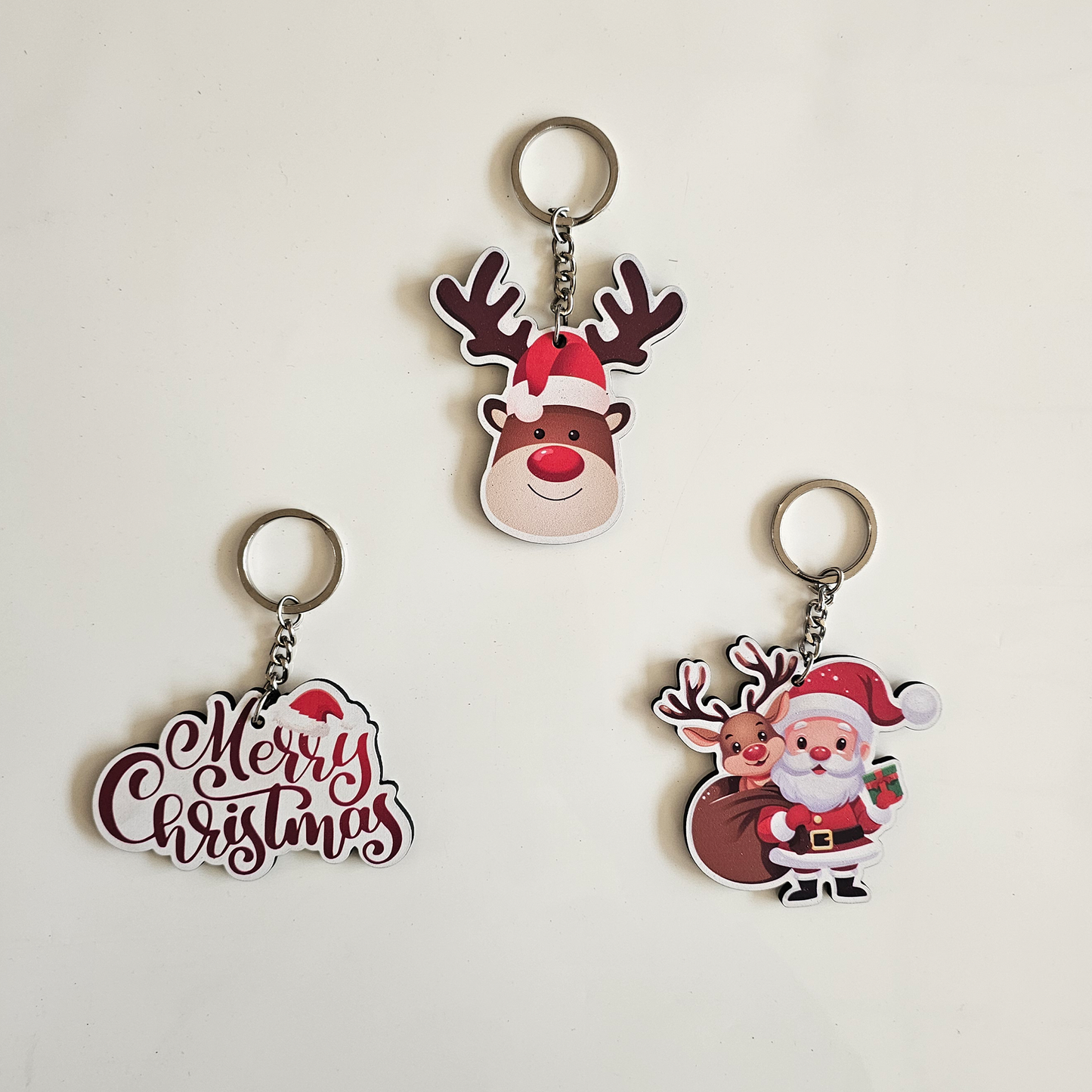 Cute Santa Claus, Reindeer Face, Tree & Merry Christmas MDF Keychain | Gift Accessories for Kids & Adults | Set of 3