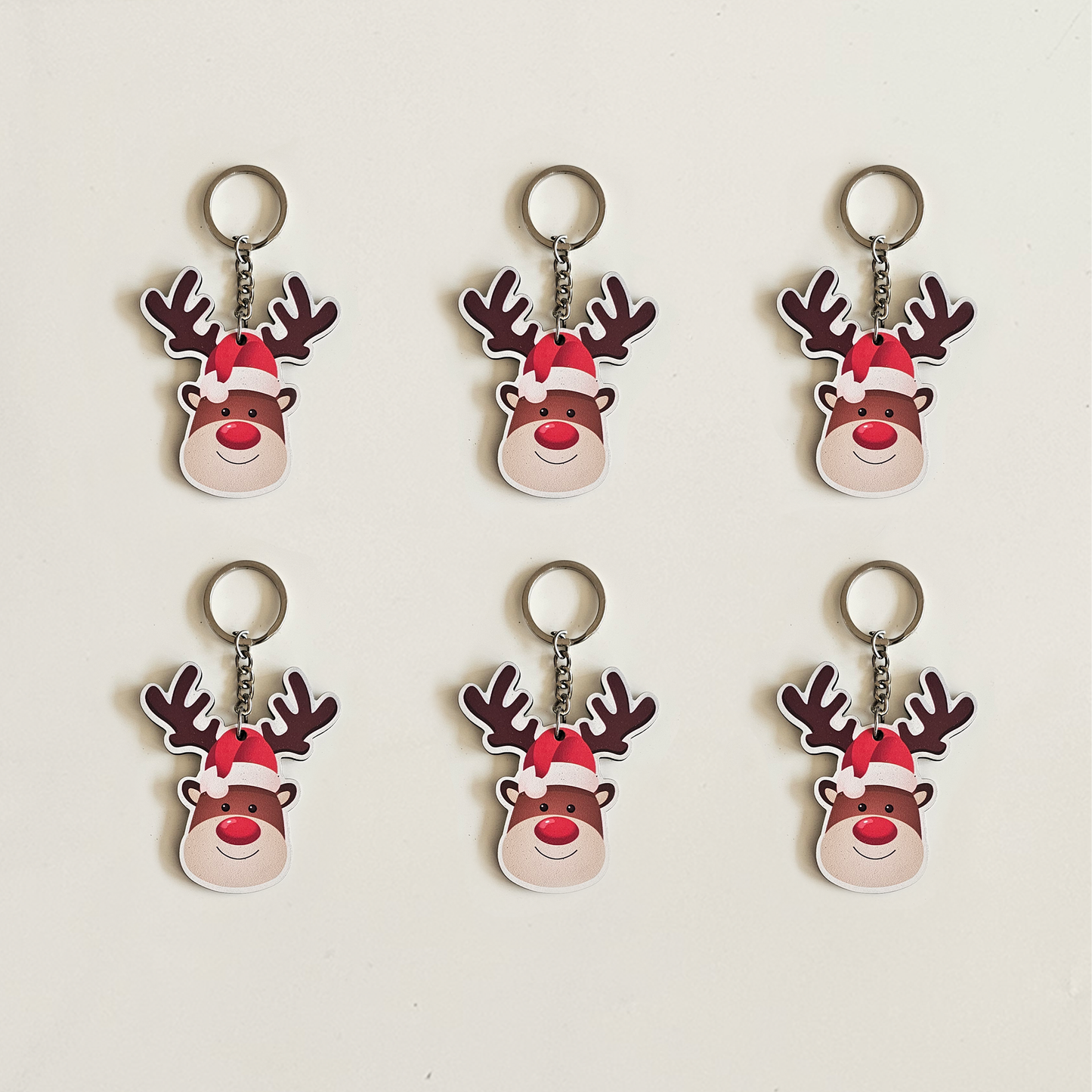 Cute Santa Reindeer MDF Christmas Keychains for Gift, Party Favors, Xmas Decoration, Backpack & Key Ring | Set of 6
