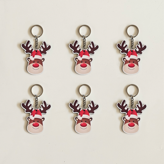 Cute Santa Reindeer MDF Christmas Keychains for Gift, Party Favors, Xmas Decoration, Backpack & Key Ring | Set of 6
