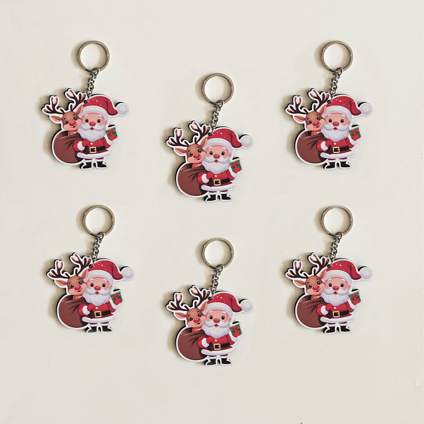 Christmas Santa Keychain | Cute Santa & Reindeer MDF Key Rings for Kids | Christmas Return Gifts, Stocking Stuffers, School | Xmas Keychains | Set of 6