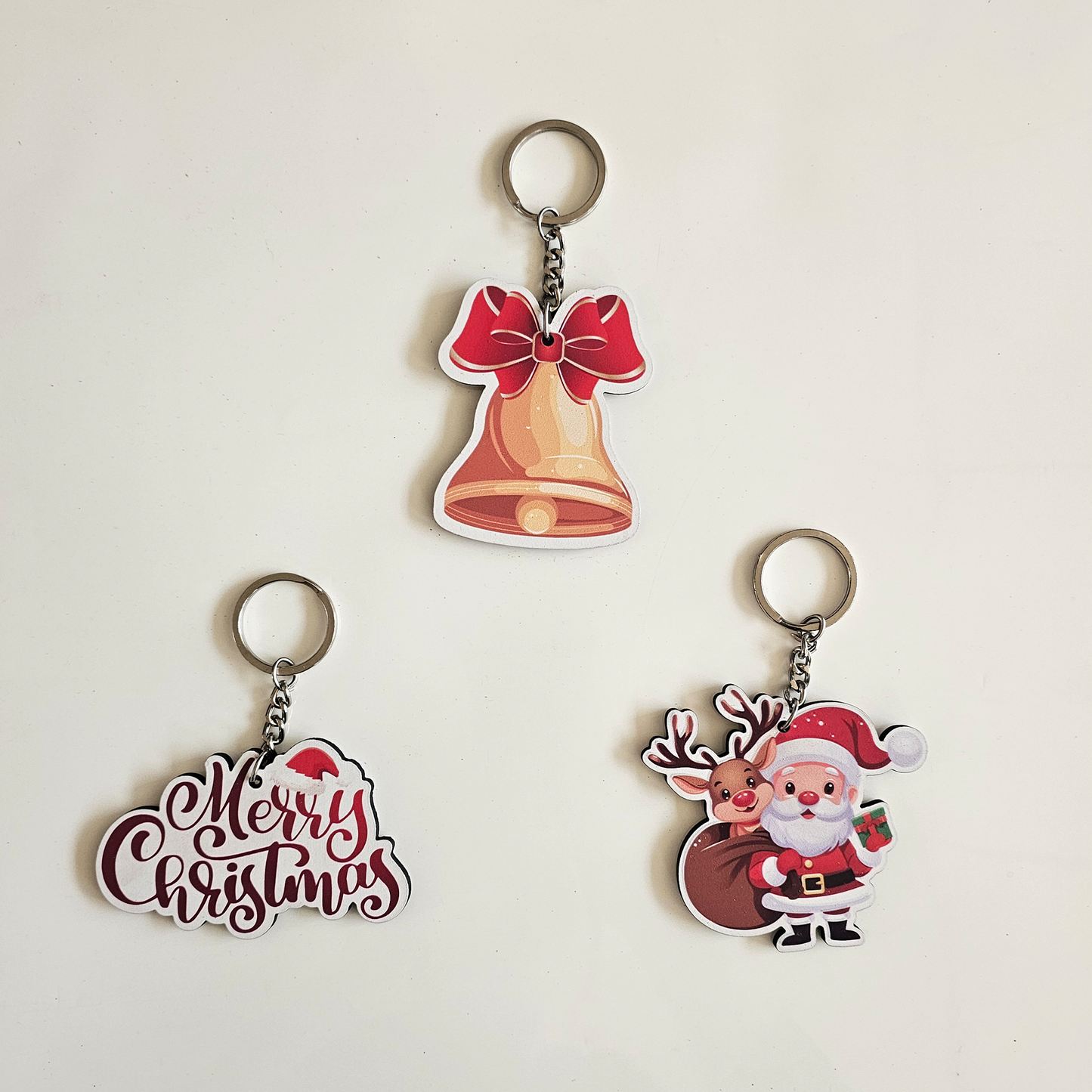 Christmas MDF Keychain Set | Santa Claus, Merry Christmas & Bell Design Key Rings | Perfect for Kids, Friends, Return Gifts, Secret Santa | Set of 3