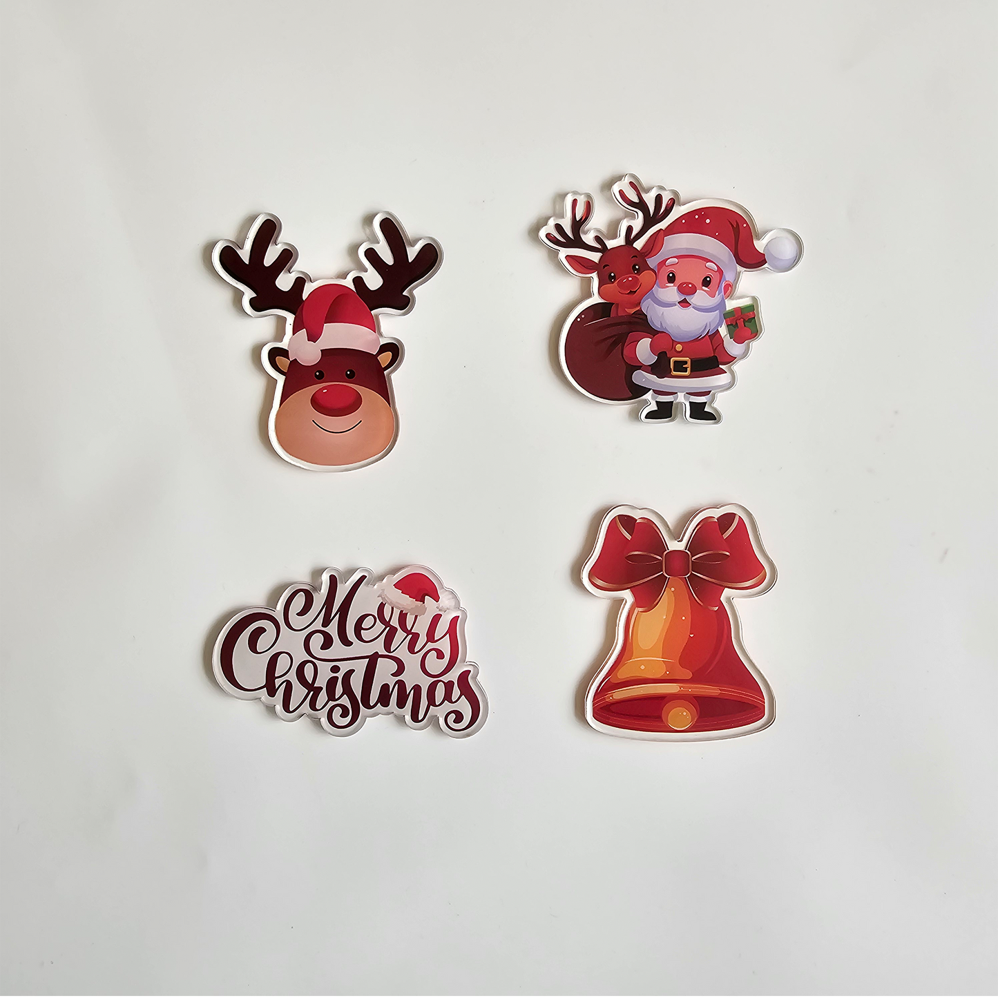 Christmas Acrylic Fridge Magnet Cute Santa Claus, Reindeer Face, Bell & Merry Christmas | Refrigerator Decor, Magnetic Stickers, Stocking Stuffer Gifts, Kitchen & Office | 4x3 Set of 4