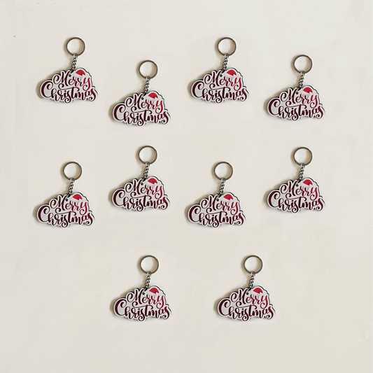 Merry Christmas Keychain for Kids Return Gifts Stocking Stuffers, School | Festive Santa Hat MDF Keychain | Set of 10