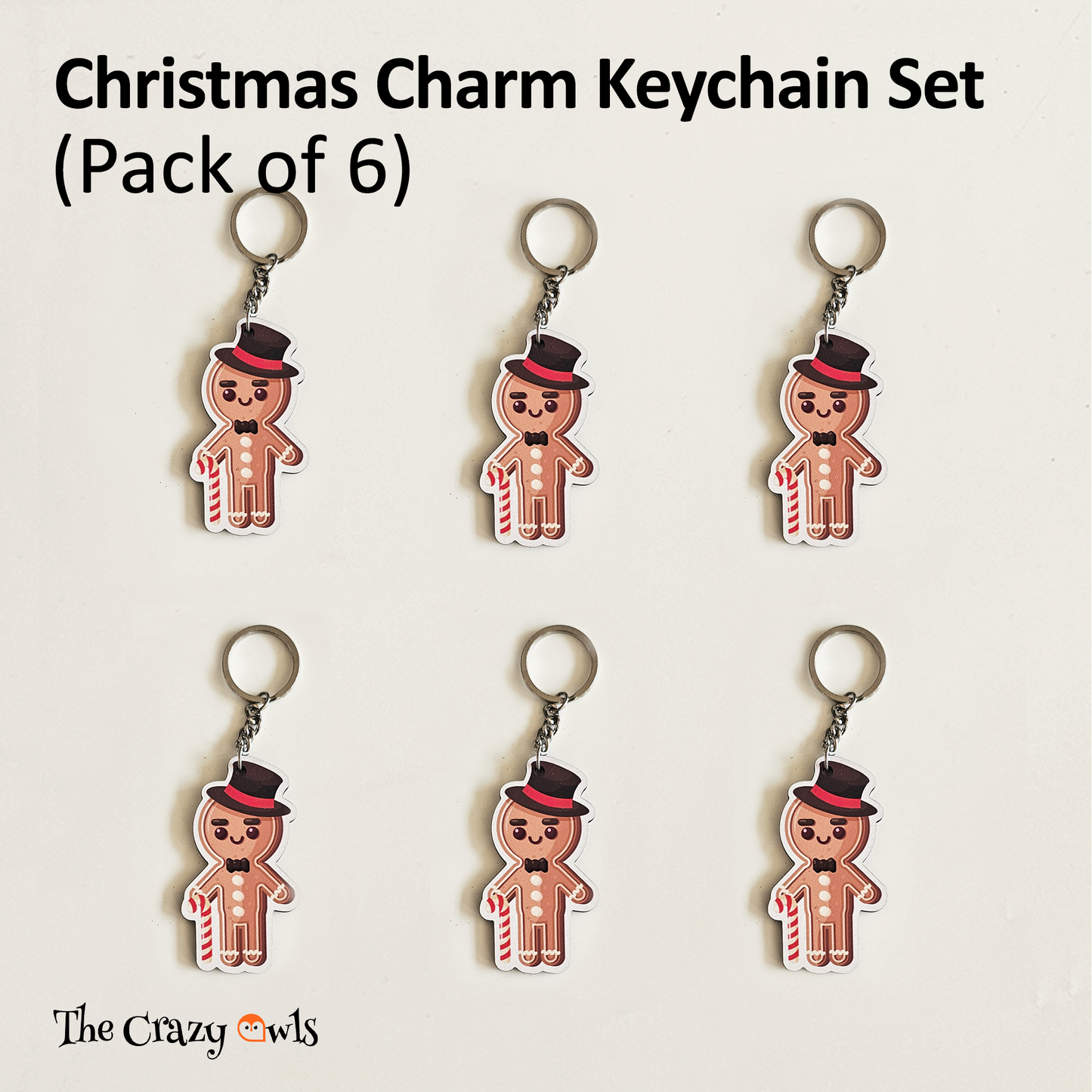 Gingerbread MDF Keychains with Candy Cane | Xmas Gifts, Party Favors, Kids Return Gifts, Bag Accessories | Set of 6