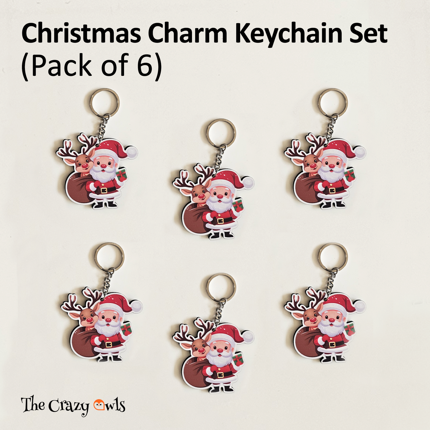 Christmas Santa Keychain | Cute Santa & Reindeer MDF Key Rings for Kids | Christmas Return Gifts, Stocking Stuffers, School | Xmas Keychains | Set of 6