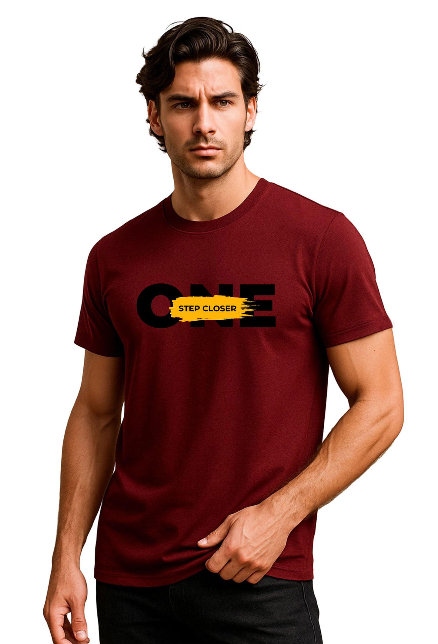 One Step Closer Printed Pure Cotton T-Shirt for Men | Motivational Quote Graphic Tee | Half Sleeve Casual Slim Fit Stylish T-Shirt