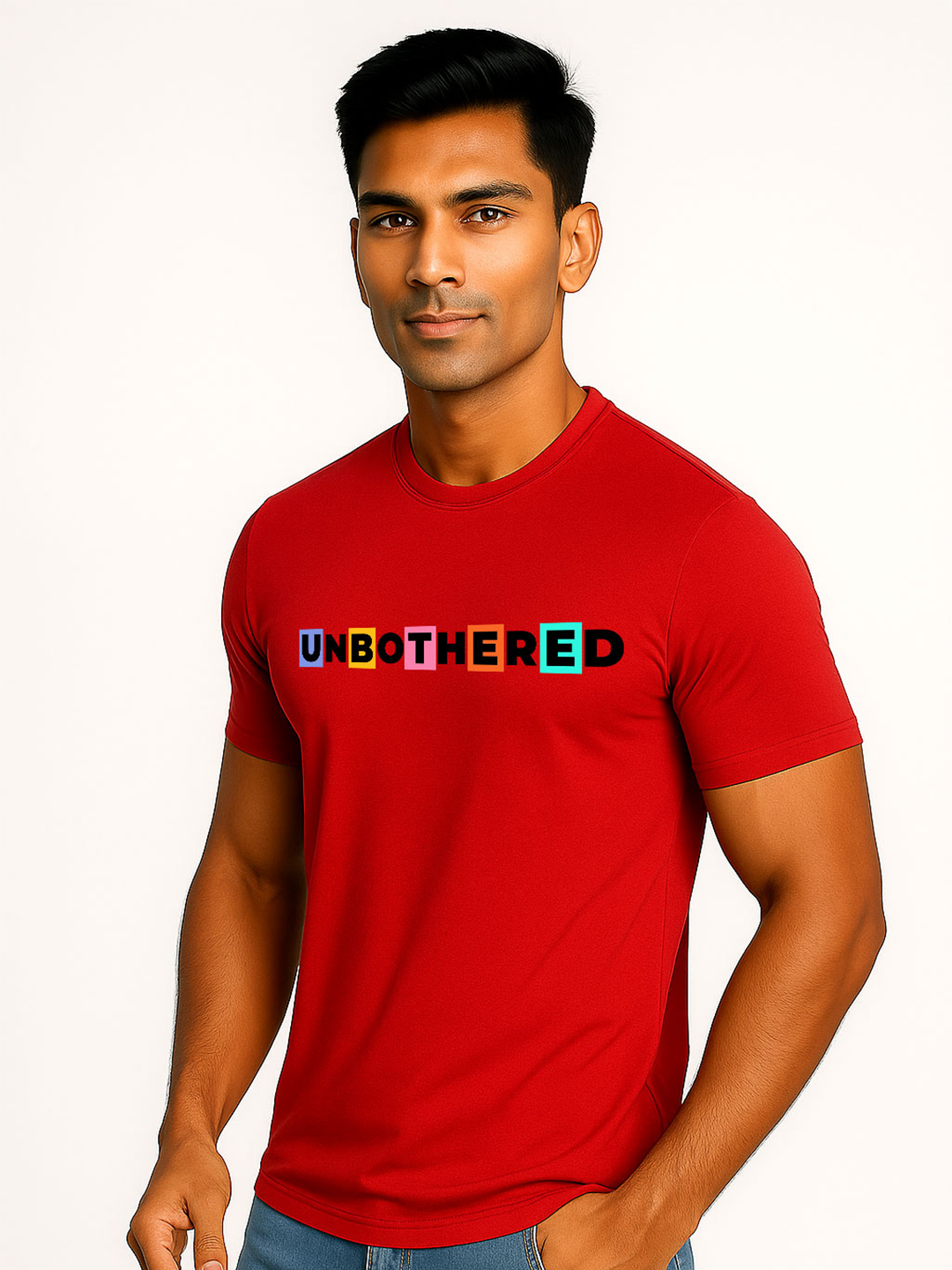Unbothered Printed Pure Cotton T-Shirt for Men | Colorful Typography Graphic Tee | Trendy Casual Slim Fit Half Sleeve T-Shirt